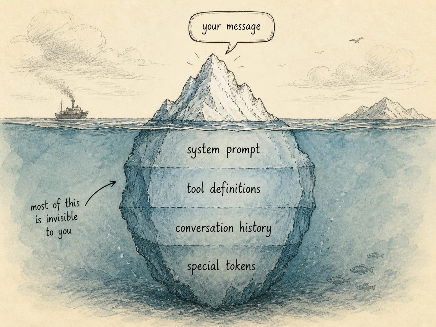 An iceberg at sea, viewed in cross-section. Above the waterline, only a small chat bubble labeled 'your message' is visible. Below the waterline, the much larger underwater mass is divided into four labeled bands: system prompt, tool definitions, conversation history, and special tokens. A handwritten arrow points to the underwater portion with the note 'most of this is invisible to you.'